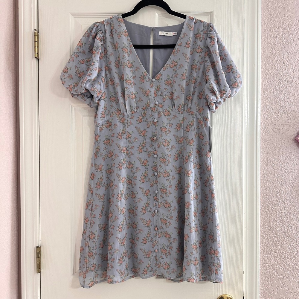 NEW‎ Lush Ditsy Floral Puff Sleeve Mini Dress Feminine Cottage Women's  XL - Picture 2 of 9